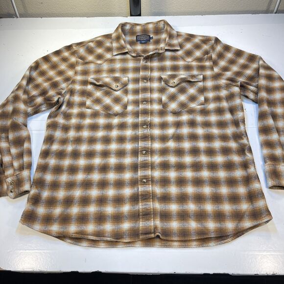 PENDLETON WOOLEN MILLS COWBOY WESTERN SNAP UP FLANNEL SHIRT Mens XL Plaid Brown - Picture 1 of 6